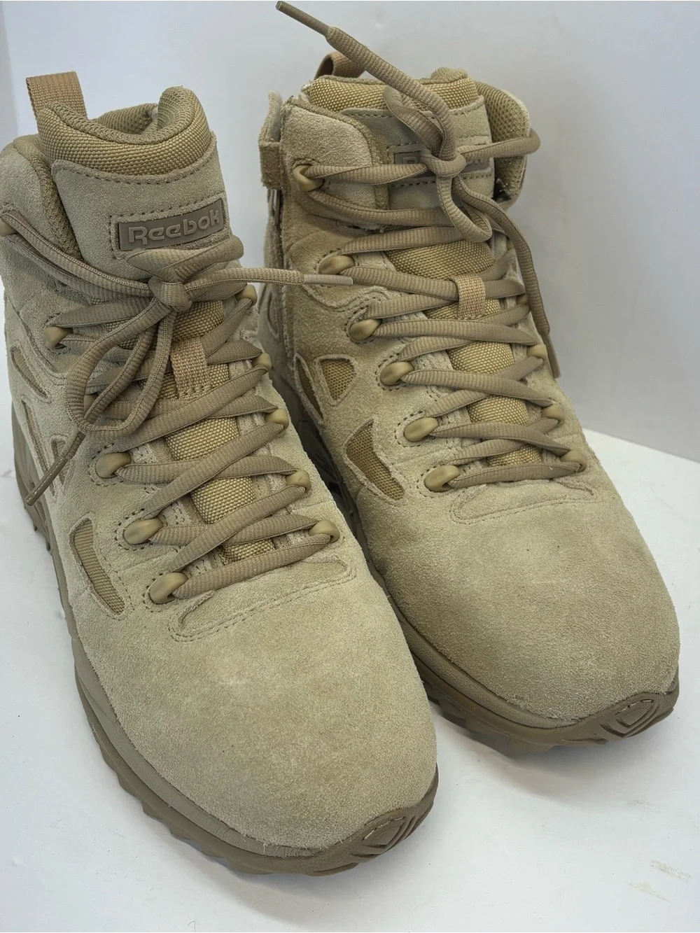Reebok Desert Men’s Tan Suede Tactical Boots Rapid Response RB Side Zip 9 W EUC
